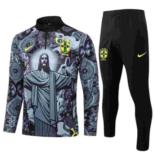 2024 Brazil Half-Pull Training Suit Special Edition Jesus Black Football Shirt 1:1 Thai Quality Set